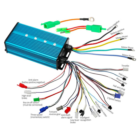 Heavy Duty 36V To 72V Brushless DC Motor Controller With 2500W To 5000W Power And 100 Amp Draw, blue aluminum casing and multiple wiring harnesses.