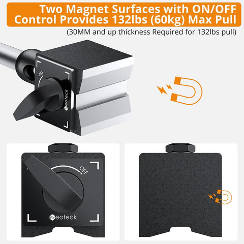 Dial Test Indicator Set With Magnetic Base, heavy-duty magnetic stand showing ON/OFF control switch and dual magnet surfaces.