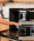 A person applying Tough As Nails High Temp Silicone Sealant inside an oven, showing a before and after comparison.