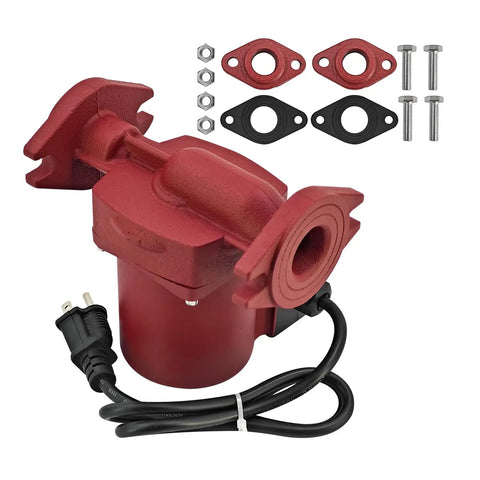 Heavy Duty Hot Water Circulator Pump Compatible With Grundfos Ups50 60F Featuring Solid Cast Iron Housing and Three Speed Motor, red color, includes cord and accessories.
