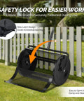 30 Inch Compost Spreader For Lawn And Garden With Adjustable Four Height T Shape Handle Peat Moss Roller And Seed Spreader For Backyard Outdoor Use Beast At Spreading Compost And Nutrients For A Lush Healthy Lawn with open latch design.