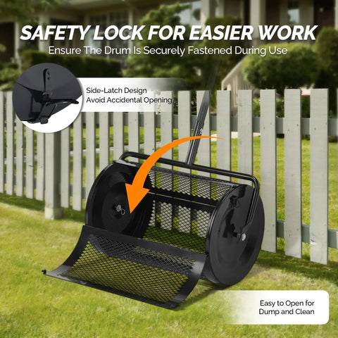 30 Inch Compost Spreader For Lawn And Garden With Adjustable Four Height T Shape Handle Peat Moss Roller And Seed Spreader For Backyard Outdoor Use Beast At Spreading Compost And Nutrients For A Lush Healthy Lawn with open latch design.