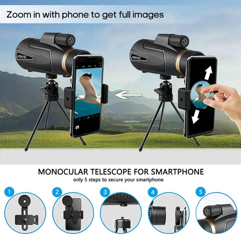Lightweight 12x60 Monocular for Outdoor Hiking and Travel, Delivers Clear Long Distance Viewing in a Compact Pack, A Go To Outdoor Essential Gift for Men Dad Husband Teens Who Love Camping, Bird Watching, Sightseeing, Travel, and Concerts. Monocular telescope with smartphone adapter and tripod