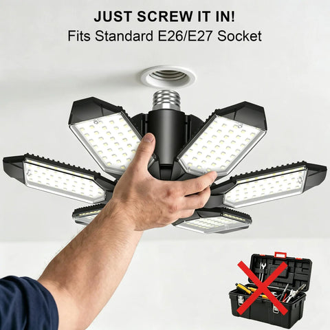 Person installing Garage Light Bulb 150W LED With 6 Adjustable Panels E26 E27 Socket Ultra Bright 15000 Lumens Ceiling Shop Light