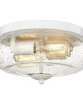 Close-up of Seeded Glass Flush Mount Ceiling Light Fixture With 2 Light Sockets For Indoor Outdoor Use White Finish Modern Round Ceiling Lamp