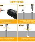 Instructions showing 5 Piece Screw Extractor Set For Stripped Screws And Bolts Drill Bit Tools For Removing Rusted Or Broken Hardware