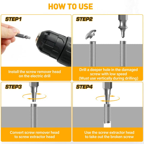 Instructions showing 5 Piece Screw Extractor Set For Stripped Screws And Bolts Drill Bit Tools For Removing Rusted Or Broken Hardware