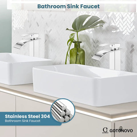 Waterfall Tall Bathroom Faucet 1 Hole Single Handle Vessel Sink Mixer Tap Stainless Steel With cUPC Hoses Modern Lavatory Chrome Faucet No Splash Sleek Modern Design For Minimalist Bathrooms placed at twin vessel sinks on a countertop against a decorative tile wall.