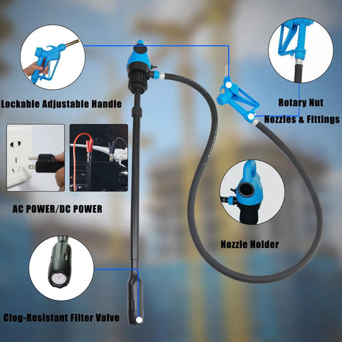 Heavy Duty Electric Drum Pump Five Gpm Flow with adjustable handle and nozzle fittings for easy liquid transfer.