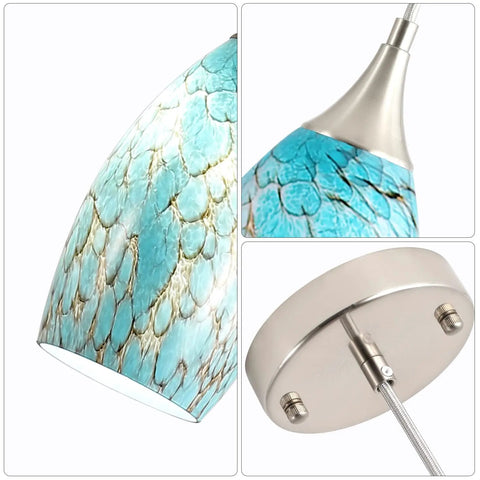 Close-up of Kitchen Island Pendant Light Dope Modern Edison Hanging Fixture with Handcrafted Art Glass Shade and ceramic holder.