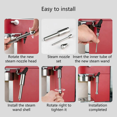 High Temp Steam Wand And Milk Frothing Hose Kit For EC685 Coffee Makers step-by-step installation guide on a red machine