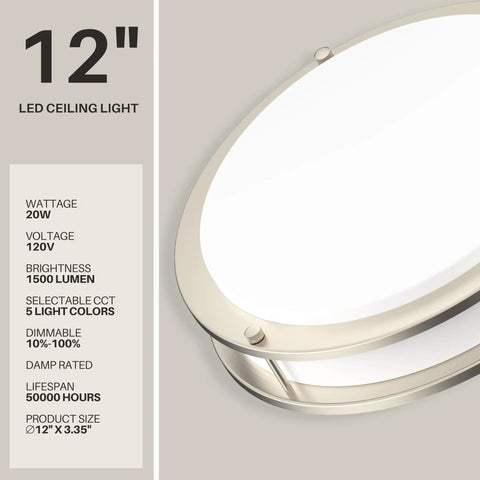 Energy Efficient Led Ceiling Light Flush Mount Dimmable With 5 In 1 Cct Selectable, 12 Inch Brushed Nickel Modern Fixture