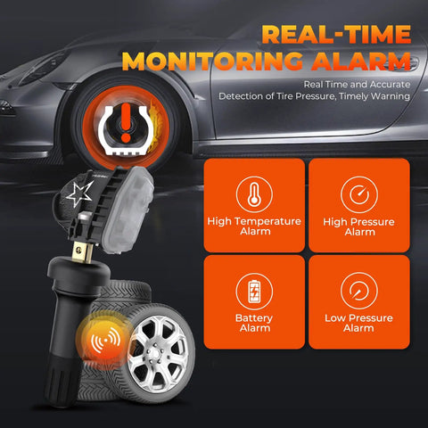 Brand New 315 Mhz Tpms Sensor Straight Swap Tire Pressure Monitoring System For Gm C6 Platform displayed with alerts for tire conditions.