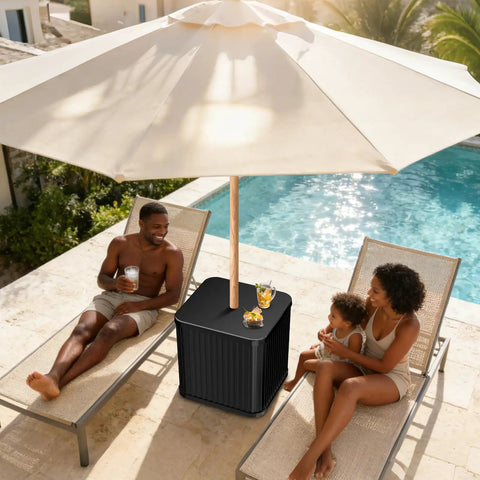 Umbrella Side Table With Hole For Outdoor Use 2 In 1 Table And Stand With Fillable Base Heavy Duty Poolside or Backyard
