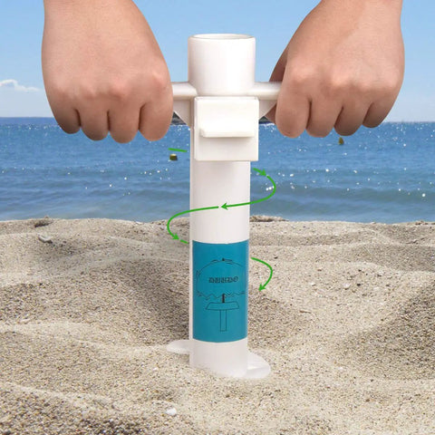 Hands using windproof beach umbrella sand anchor with five spiral screw design heavy duty ABS base stand on beach sand