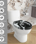 Elongated Resin Toilet Seat Universal Fit for Bathroom in black and white marble design, measuring 14.5" x 18.5".