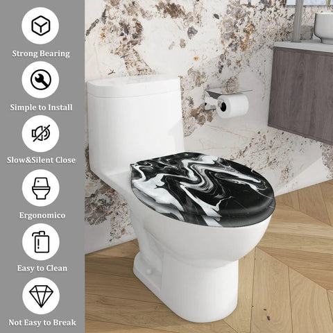 Elongated Resin Toilet Seat Universal Fit for Bathroom in black and white marble design, measuring 14.5" x 18.5".