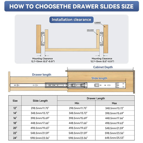 12 Inch Full Extension Soft Close Drawer Slides With No Slam Dampers Whisper Quiet Operation Heavy Duty Iron Core Double Spring Mechanism Pair For Smooth Cabinet Drawers installation size chart