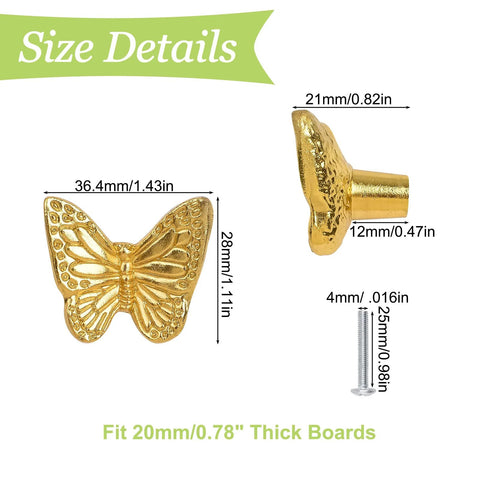 Size details of Six Piece Zinc Alloy Drawer Knobs Antique Butterfly Pull Handles with screws for drawers and cupboards, gold finish.