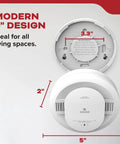 Top Shelf Smoke Detector Alarm With Crisp Voice Alerts and Loud Siren features a modern 5" design, dimensions labeled for easy installation.