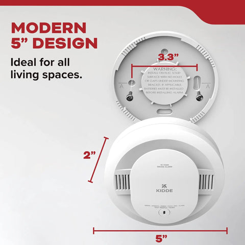 Top Shelf Smoke Detector Alarm With Crisp Voice Alerts and Loud Siren features a modern 5" design, dimensions labeled for easy installation.
