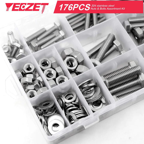 Bolts and nuts assortment kit, 176 pcs, stainless steel, in a plastic organizer box (front view)