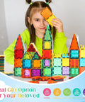 Child playing with 104 Piece Magnetic Tile STEM Building Blocks Set For Kids Ages 3 To 9 With Car Bases, colorful construction toys.