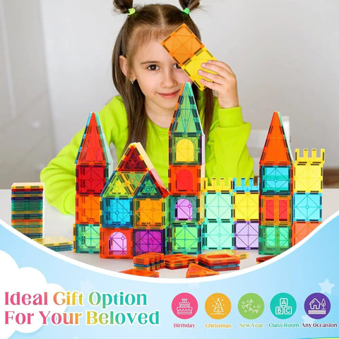 Child playing with 104 Piece Magnetic Tile STEM Building Blocks Set For Kids Ages 3 To 9 With Car Bases, colorful construction toys.