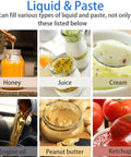 Heavy Duty Commercial Paste And Liquid Filling Machine Adjustable Speed And Pressure Oils Honey Sauce Water 500ml Capacity Auto Manual Mode Plug And Play to fill honey, juice, cream, engine oil, peanut butter, and ketchup.