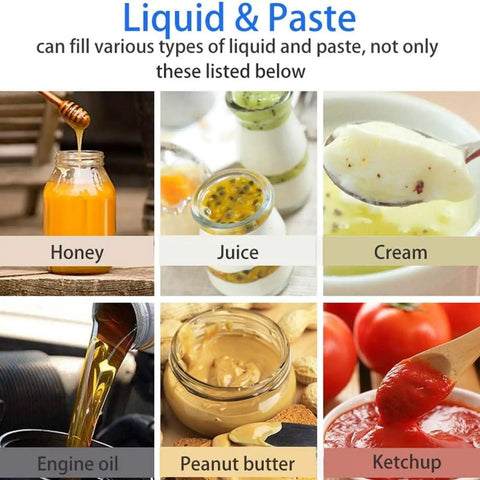 Heavy Duty Commercial Paste And Liquid Filling Machine Adjustable Speed And Pressure Oils Honey Sauce Water 500ml Capacity Auto Manual Mode Plug And Play to fill honey, juice, cream, engine oil, peanut butter, and ketchup.