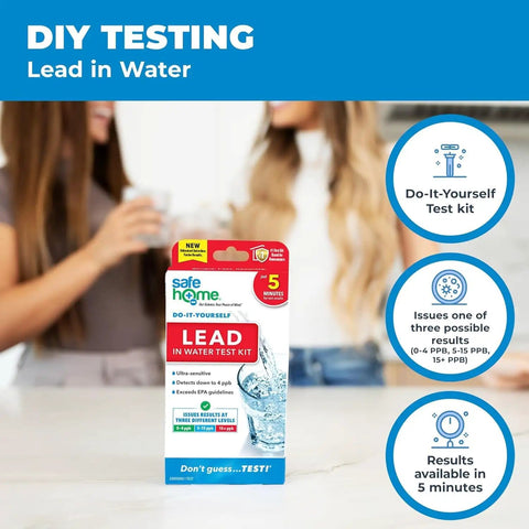 Lead in water test kit packaging on a table with people blurred in background, focus on lead test label and kit details