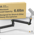 Beefy Heavy Duty Microphone Arm Desk Mount For Heavy Mics, 6.6 Lb Load Capacity, shown with box and clamp.