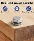 Hella Tough 8 Set 5/16-18 By 2 Inch Hex Head Bolt Kit With 304 Stainless Steel Lock Nuts on wooden surface.
