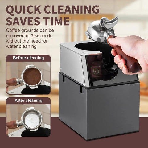 Absolute Knockout Electric Portafilter Cleaner And Automatic Espresso Puck Remover for quick cleaning of coffee grounds.