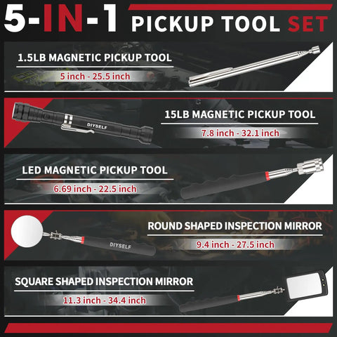 Telescoping Magnetic Pickup Tool With LED Flashlight Flexible Extendable Magnet Stick For Auto Mechanics And Home DIY Grab Small Parts In Tight Spaces Includes Inspection Mirror Cool Handy Gadget For Men Gift For Him