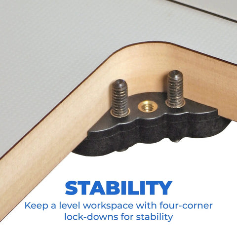 Precise Router Table Insert Plate Levelers for easy leveling and accurate setup, showing corner lock-down mechanism.