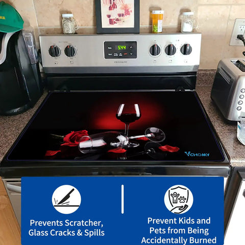 Extra Thick Stove Top Cover For Electric Stoves, Natural Rubber Glass Top Protector with rose print on counter