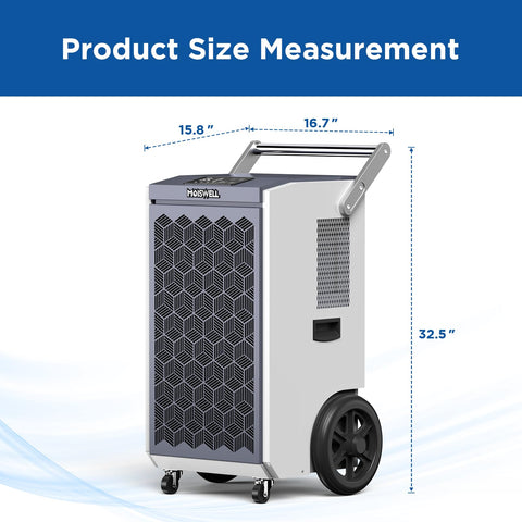 260 Pints Commercial Dehumidifier With Pump And Drain Hose For Basements And Large Spaces Like Warehouses, size details shown