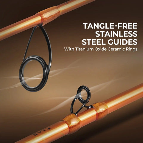 Tangle-free stainless steel guides with ceramic rings on Lethal Blaze Twin Tip Casting Combo 6 Foot 10 Inch Medium Heavy Rod.