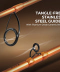 Close-up of tangle-free stainless steel guides with titanium oxide ceramic rings on Lethal Blaze Twin Tip Casting Combo 7 Foot 4 Inch