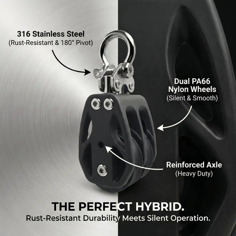 Badass Marine Grade 316 Stainless Steel Double Pulley Block 2 Pack Ultra Heavy Duty 50Mm with dual nylon wheels for smooth operation.