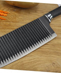 LIFKOME stainless steel wavy crinkle slicer with black handle on wooden cutting board
