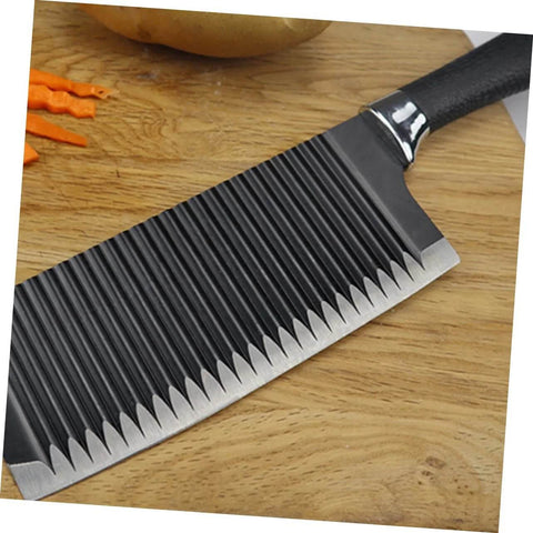 LIFKOME stainless steel wavy crinkle slicer with black handle on wooden cutting board