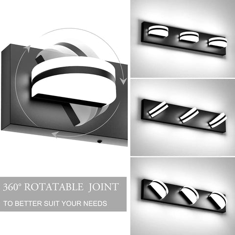 LED Modern Black Vanity Light With Acrylic Finish Over Mirror Three Light Bathroom Wall Fixture With 360 Degree Rotatable Joint
