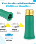 Innconee universal faucet water hose adapter, green plastic body with brass threaded end, includes two hose clamps and Teflon tape