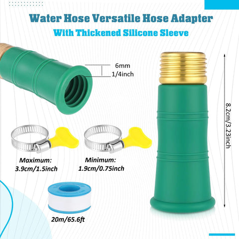 Innconee universal faucet water hose adapter, green plastic body with brass threaded end, includes two hose clamps and Teflon tape
