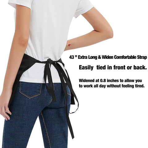 Back view of model wearing 12 Pack Server Aprons With 3 Pockets For Waitstaff, Water Resistant Half Aprons For Women And Men with long waist straps