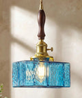 BBLLWJ 1-Pack Vintage Pendant Light for Kitchen Island, Brass & Wood Hanging Fixture with 78" Adjustable Cord, Blue Rectangular Hammered Glass Ceiling Light for Dining Room, Sink, Bedroom, showcasing blue glass shade and brass fixture.