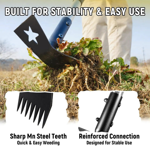 Stand Up Weed Puller With 68 Inch Long Handle, 2 In 1 Weed Rake And Garden Hoe Combo uproots weeds from roots in yard.