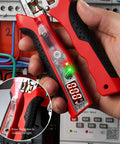 Premium Wiring Organization Tester Pliers With Type C Charging And NCV Detection, red ergonomic handles, digital voltage readout in use.